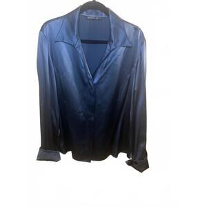 Lafayette 148 New York Blue 100% Silk Charmeuse Blouse French Cuffs Size 14/16